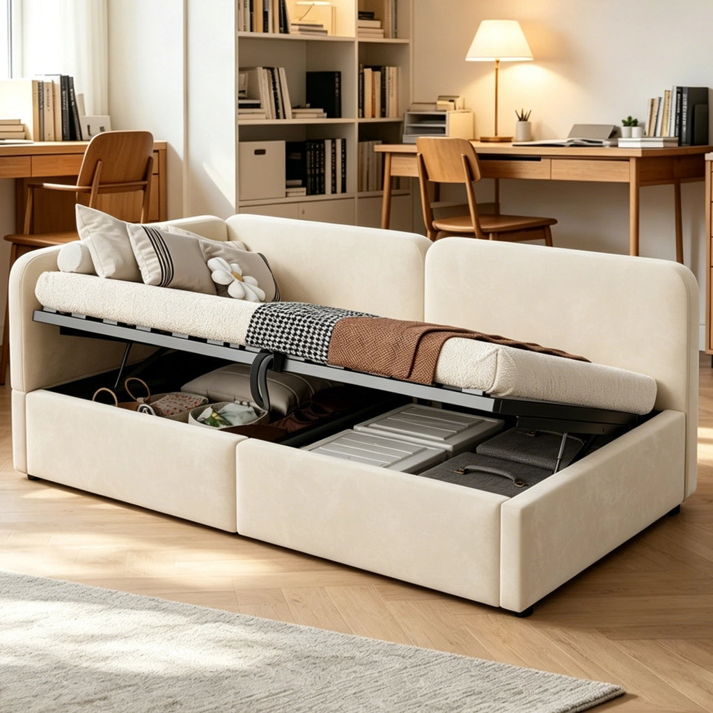 Divano letto in velluto con contenitore idraulico e testiera alta, 90x200 cm, beige