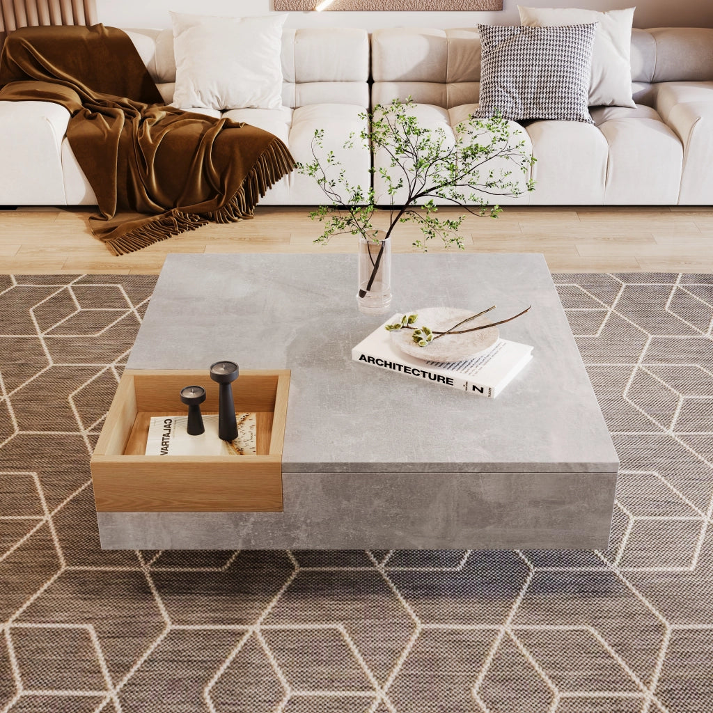 OKWISH Tavolino da Salotto Quadrato con Scatola Contenitore Estraibile, Struttura Stabile, per Soggiorno, in Truciolare, Grigio, 72 x 72 x 30 cm