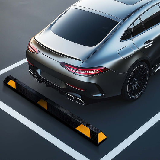 Delimitatore di parcheggio, battiruota in gomma 1650x150x100mm con fasce rifrangenti, Fermaruota