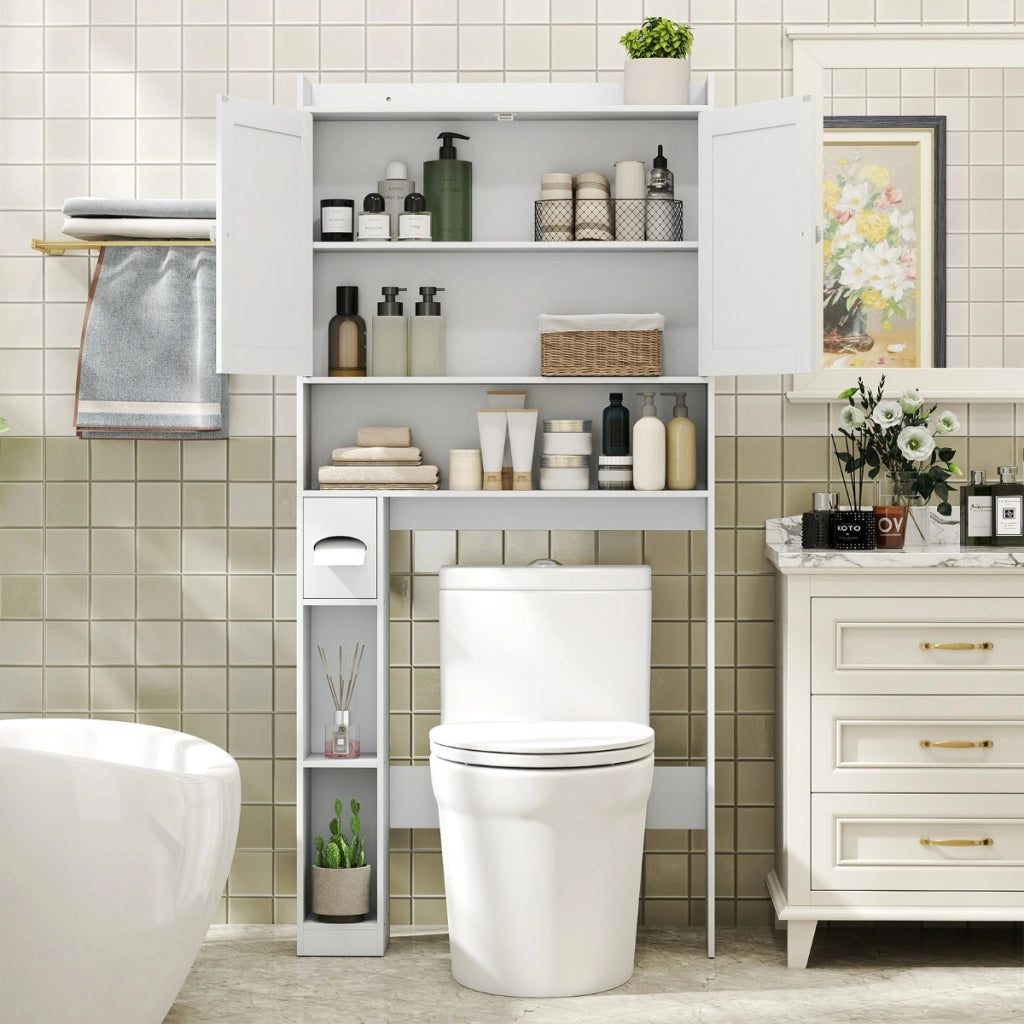 Scaffale organizzatore con doppie ante e ripiano regolabile, Mobile contenitore sopra il WC per bagno e lavanderia Bianco