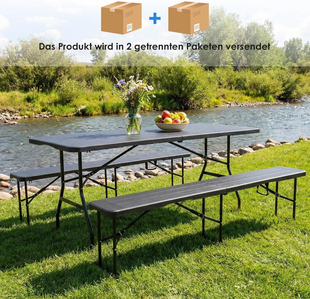 Set Tenda da Birra da 3 Pezzi 180cm, 1 Tavolo e 2 Panche Pieghevoli, Set di Mobili da Giardino in Plastica HDPE, Set Birreria con Manico di Trasporto, per Campeggio Picnic Esterno, Ottica in Legno