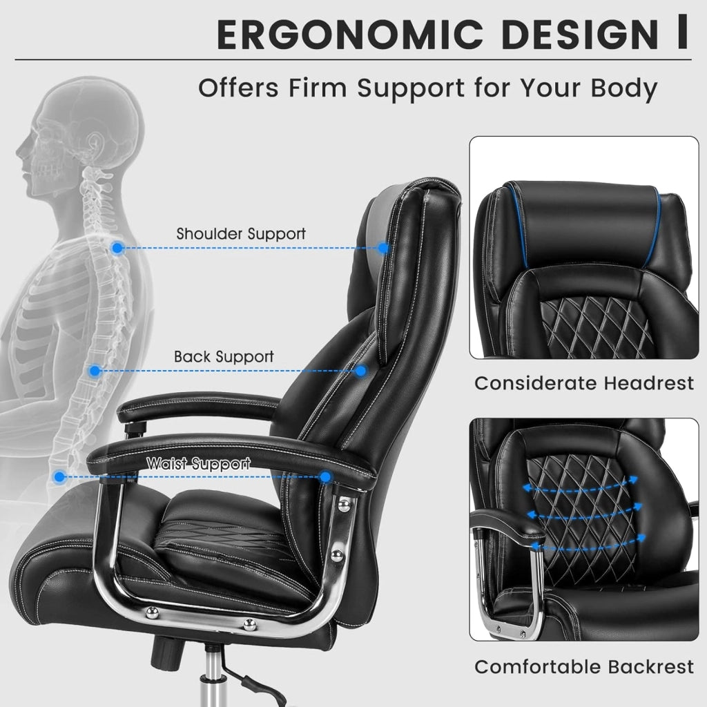 Sedia da ufficio ergonomica con 5 ruote, seduta larga con altezza regolabile 54-61,5 cm, schienale reclinabile e braccioli, carico fino a 225 kg, sedia imbottita per studio