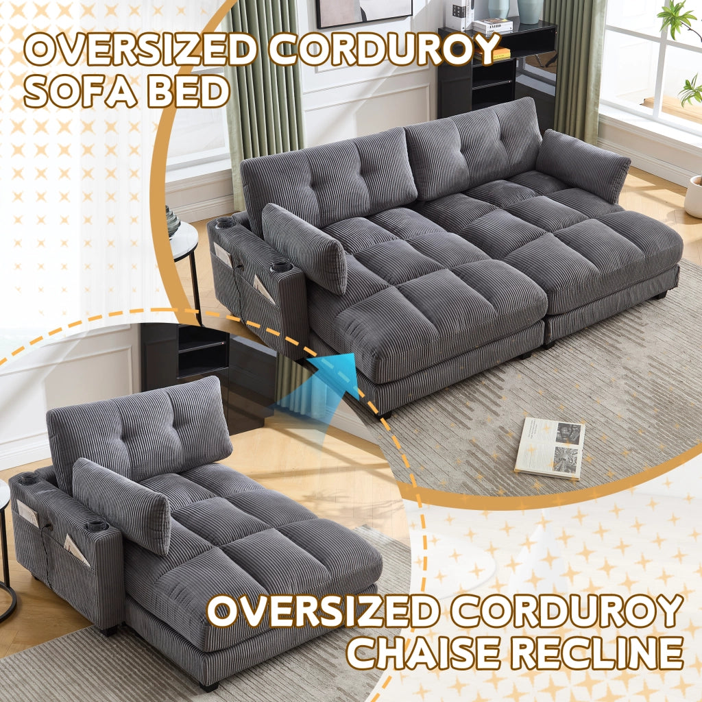 POLTRONA Relax 140x112x81 cm Tessuto a coste Grigio con portabicchieri e USB