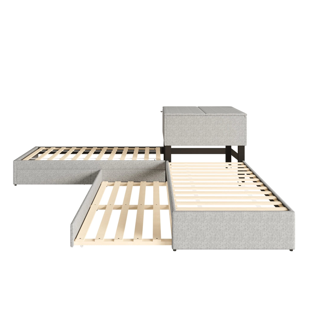 Letto angolare con letto estraibile, letto imbottito con contenitore, lino grigio, 90x200 cm, senza materasso
