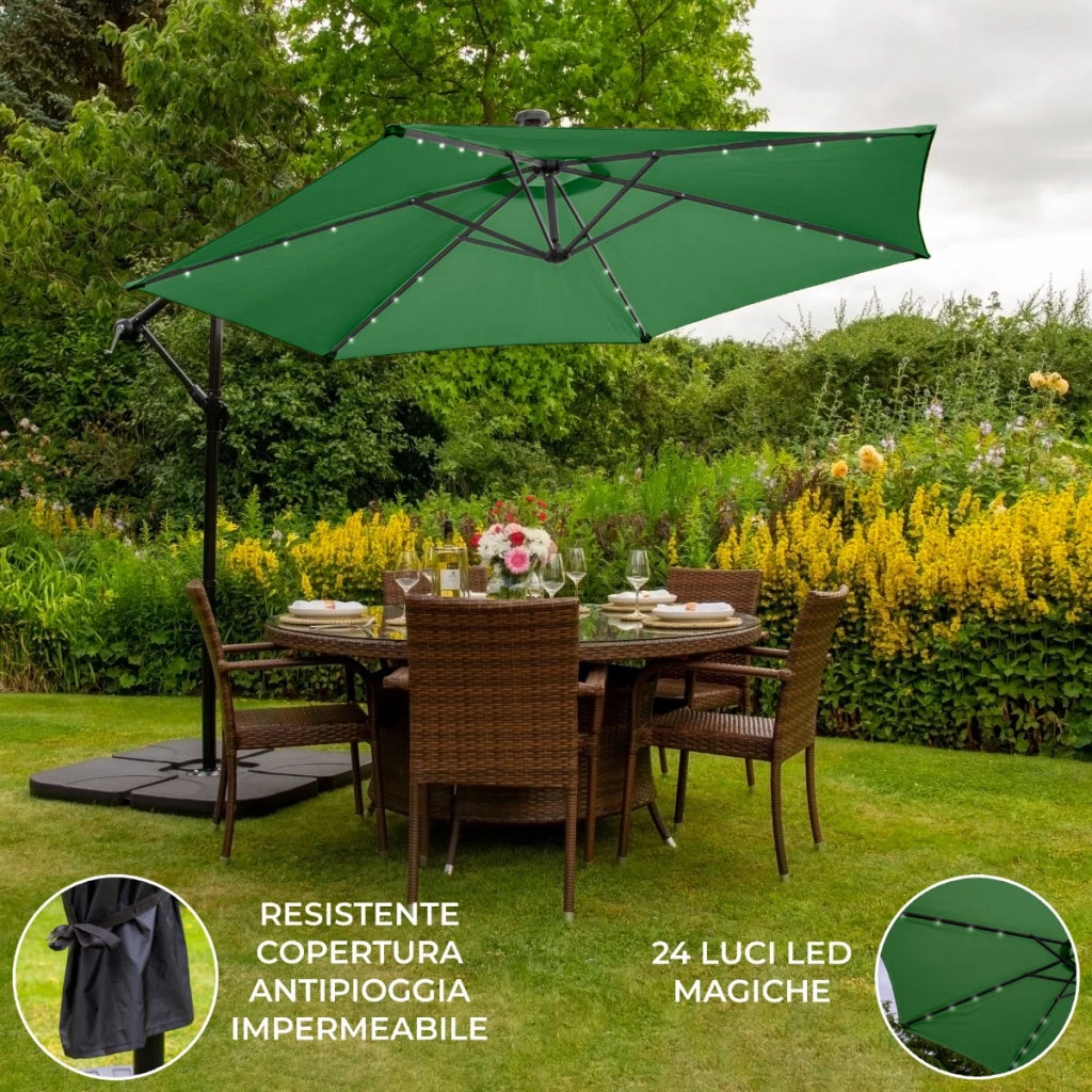Ombrellone da Giardino Decentrato 3x3m 24 LED Solari & Base Quadrata - Verde