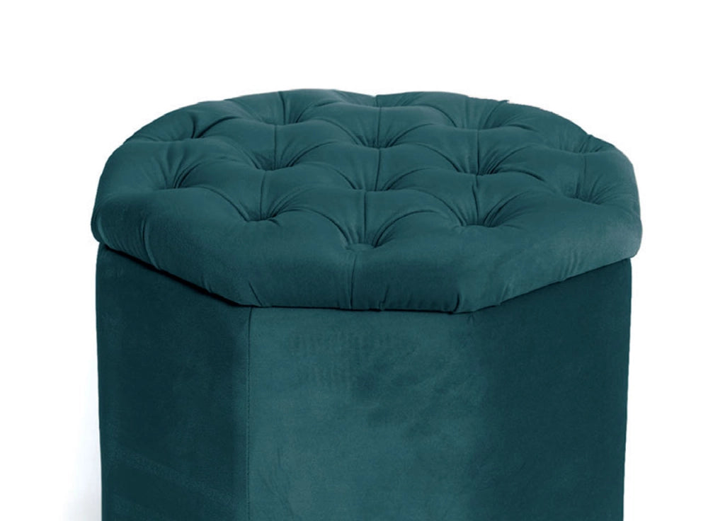Pouf Salotto Contenitore Imbottito Trapuntato Ottagonale Velvet Tinta Unita - Pouf - Petrolio