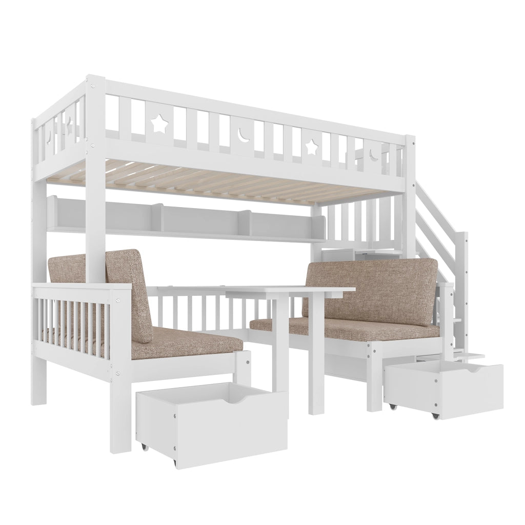 Letto a soppalco singolo 90×200 cm con scrivania ribaltabile; scala contenitore e sponde; senza materasso; bianco