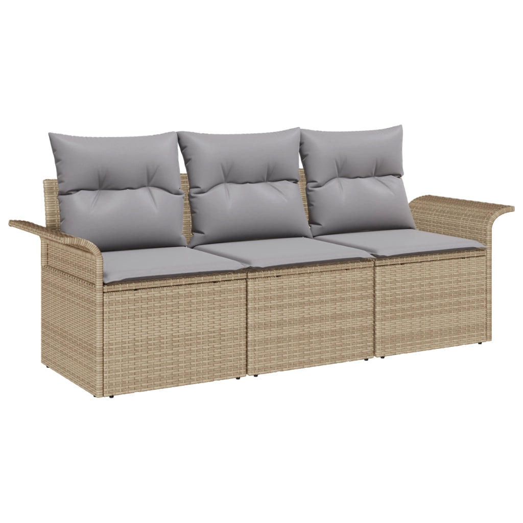 Set di Divano da Giardino a 3 Pezzi con Cuscini Beige in Rattan Plastico