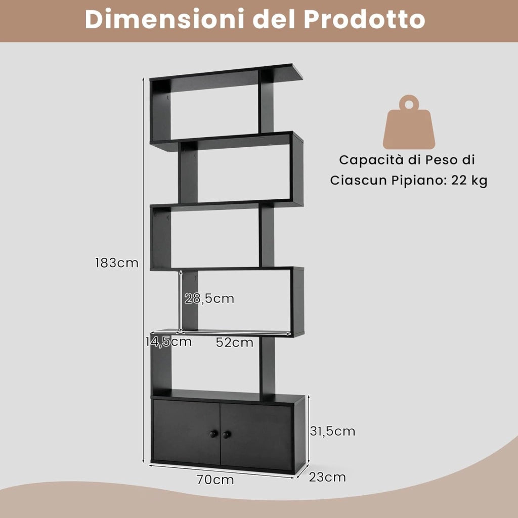 Libreria in Legno, Scaffale Multifunzionale con 5 Ripiani, per Ufficio,Casa, Ripiano a Forma di S, 70 x 23 x 183 cm (Nero)