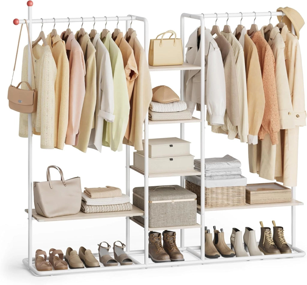 Stand Appendiabiti, Guardaroba Aperto, 6 Ripiani Portaoggetti, 2 Barre, Ganci a Forma di Fiammifero, Armadio Camera da Letto, Beige Naturale e Bianco Opaco RGR012K01