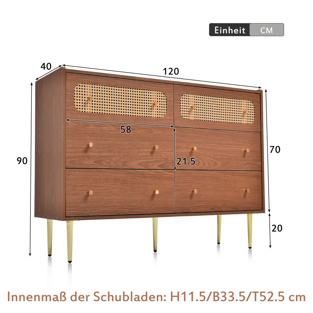 Cassettiera con 6 Cassetti e 2 Frontali in Rattan; Angoli Arrotondati; Stile Vintage; in Legno e Metallo; 120×40×90 cm; Noce