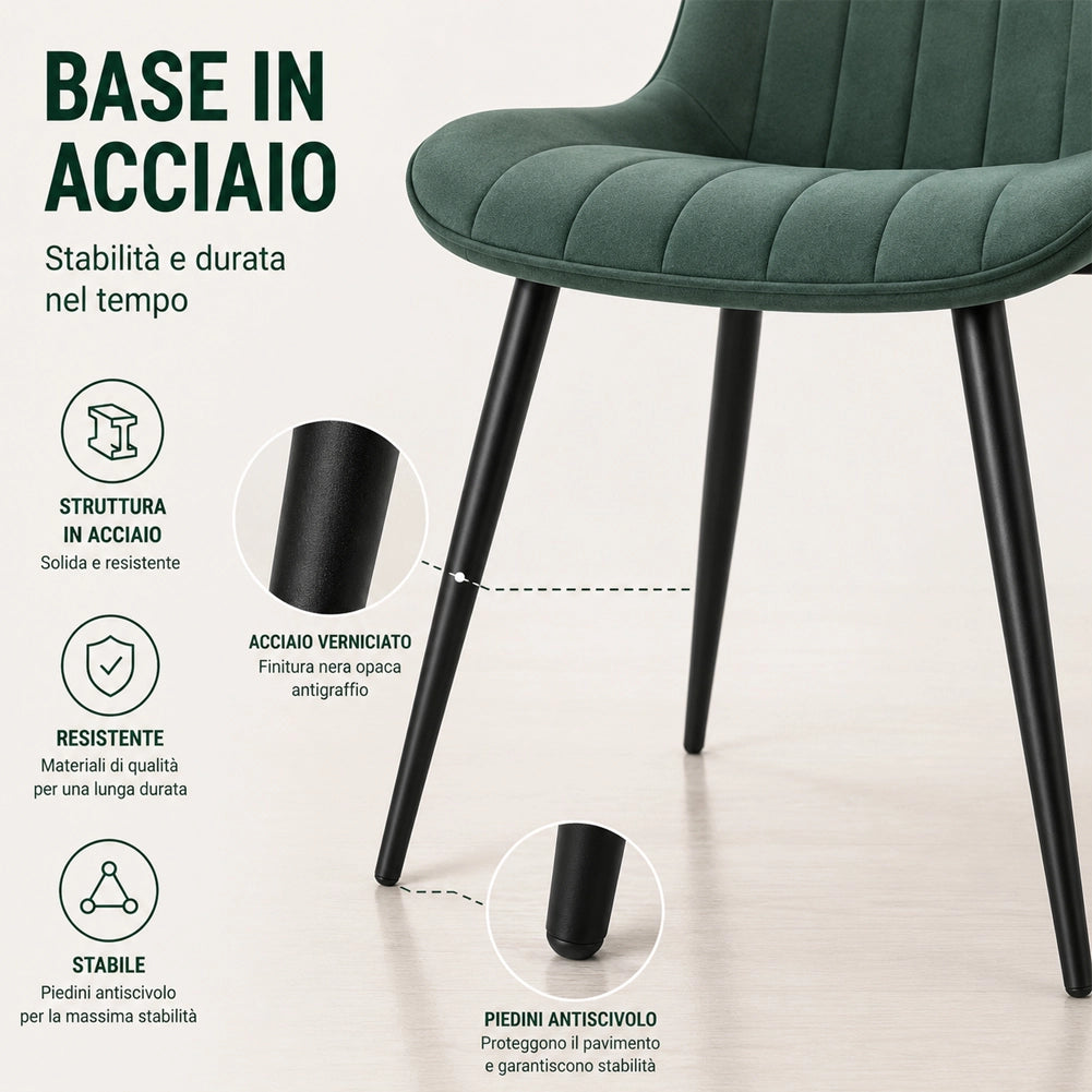 Set 4 Sedie da Pranzo Verdi in Velluto Seduta Ergonomica e Struttura in Acciaio