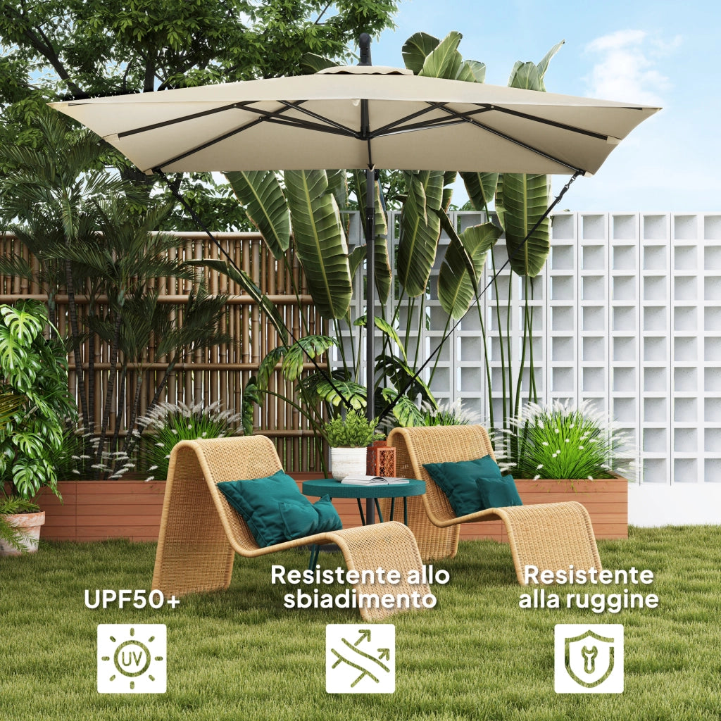 Ombrellone a Sbalzo 247x247 cm con Base a Croce e Manovella in Metallo e Poliestere Cachi
