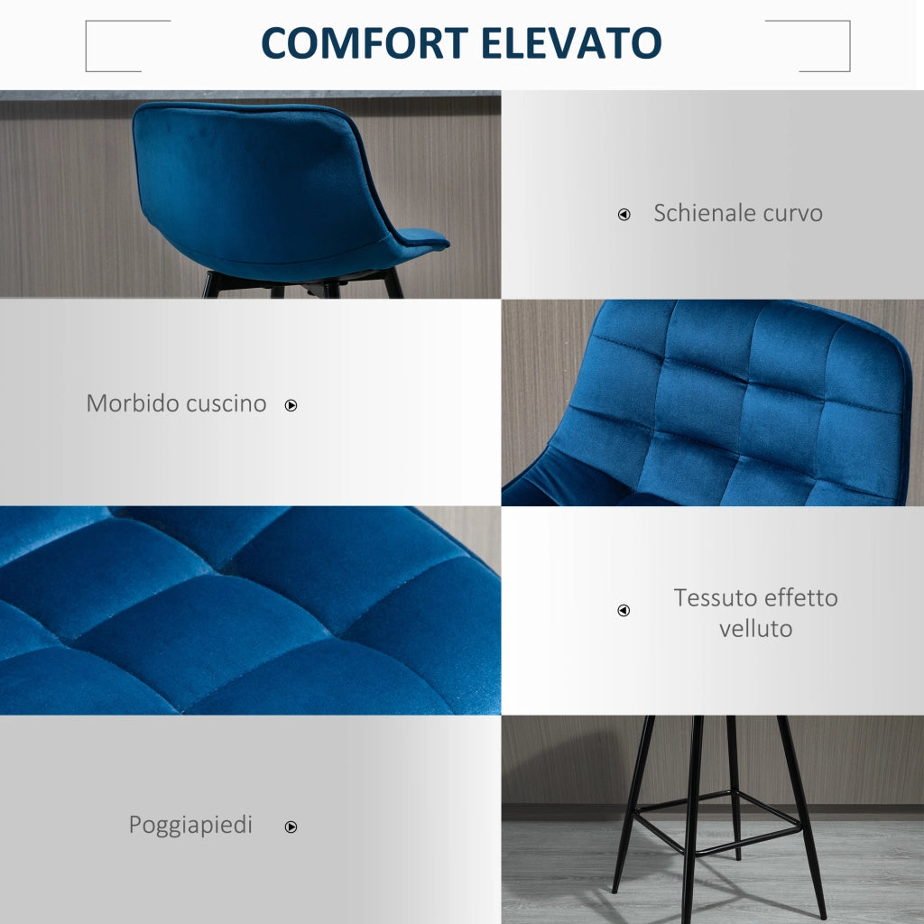 Sgabelli Alti con Schienale e Poggiapiedi ¨C zephmum ¨C Tessuto Effetto Velluto, Metallo, Blu, 45x47x88 cm