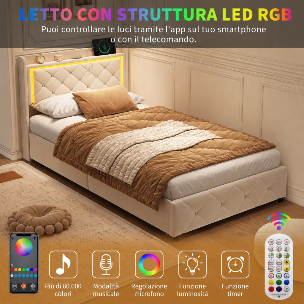 Letto singolo contenitore 90x200 cm in velluto beige, testiera trapuntata con luci RGB‑LED, controllo app e telecomando, sistema di sollevamento idraulico, senza materasso