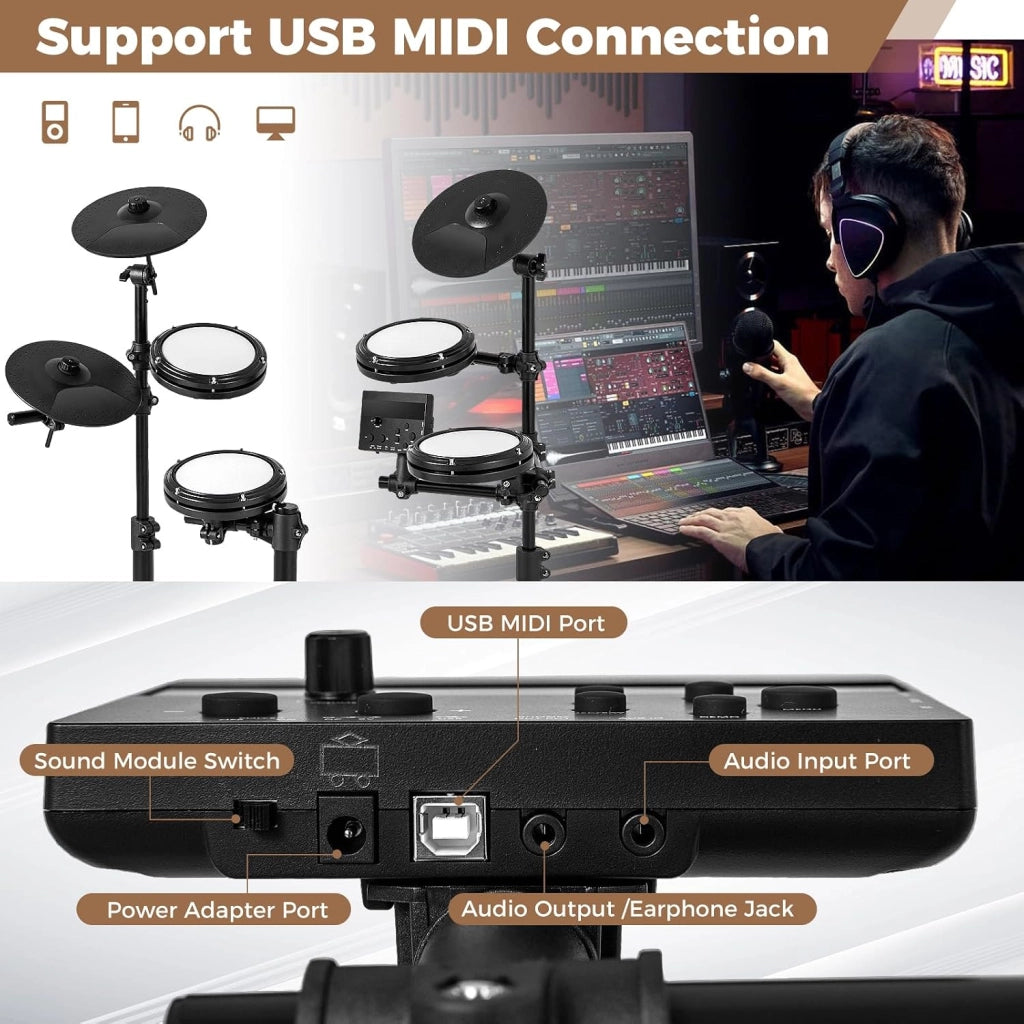 Batteria elettronica con pad, batteria musicale con 150 suoni, 10 dimostrazioni, piatti da 24 cm, strumento musicale con sgabello regolabile, pedali, bacchette e auricolari, USB MIDI