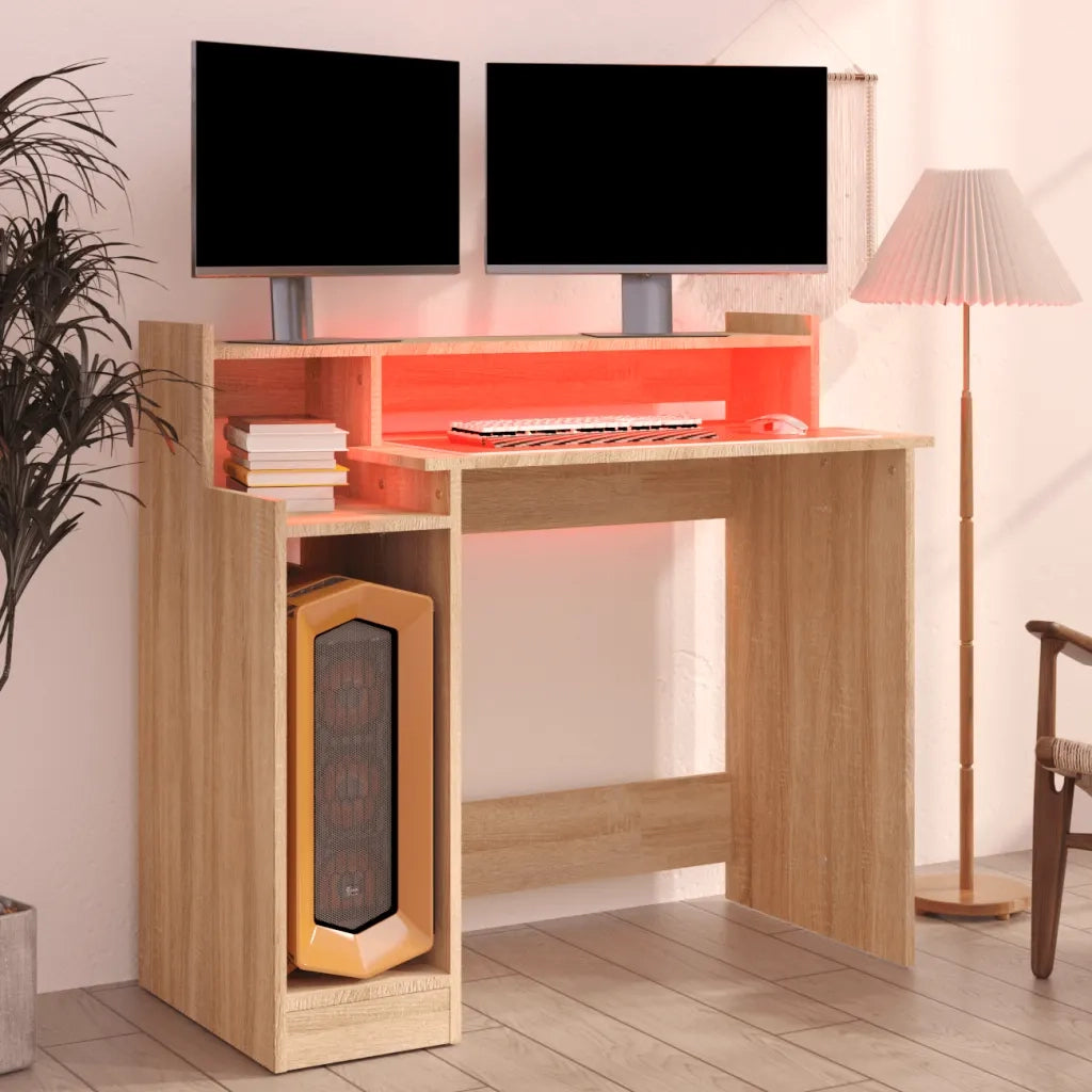 Scrivania | Tavolo da Ufficio con Luci LED Rovere Sonoma 97x45x90 cm in Multistrato