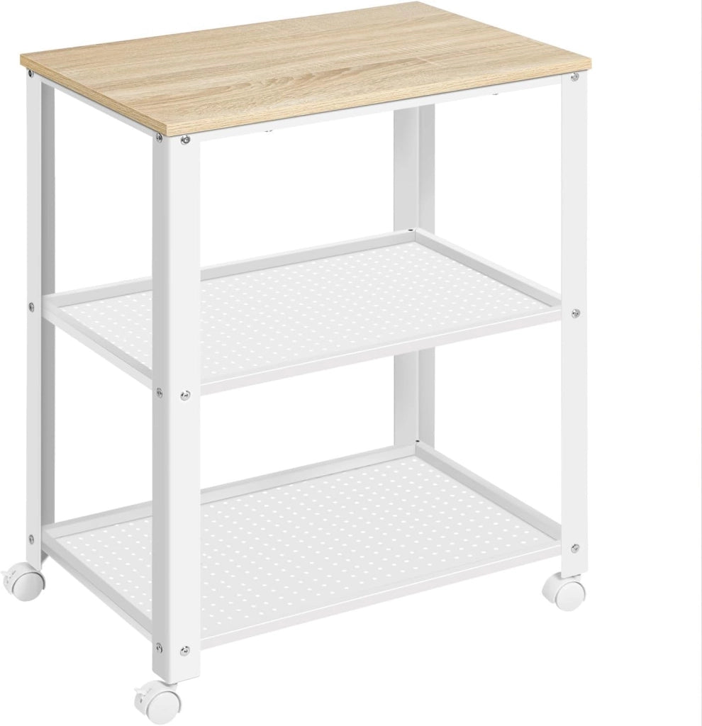 Carrello da Cucina a 3 Ripiani, con 4 Ruote Girevoli, per Cucina, Sala da Pranzo, Soggiorno, Legno e Metallo, 60x40x76cm (Bianco+Rovere Chiaro)