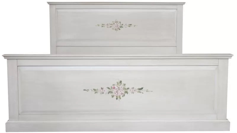 Letto matrimoniale in legno shabby bianco anticato decorato 173x209x110 - Mobili 2G