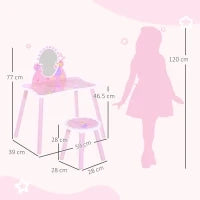 Toeletta per Bambine +3 Anni in Legno, Set Tavolo da Trucco Giocattolo con Specchio e Sgabello, Rosa