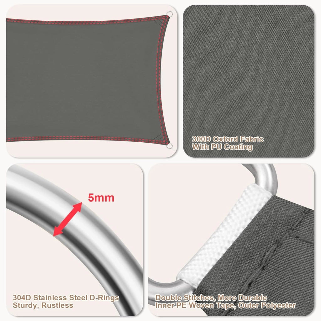 Telo Ombreggiante in PES, Poliestere 200 g/m², Vela Ombreggiante Idrorepellente, Telo Parasole per Esterni, Protezione Solare, con Anelli a D e Corde, per Balcone, Pergolato,5x5 m, Grigio Scuro