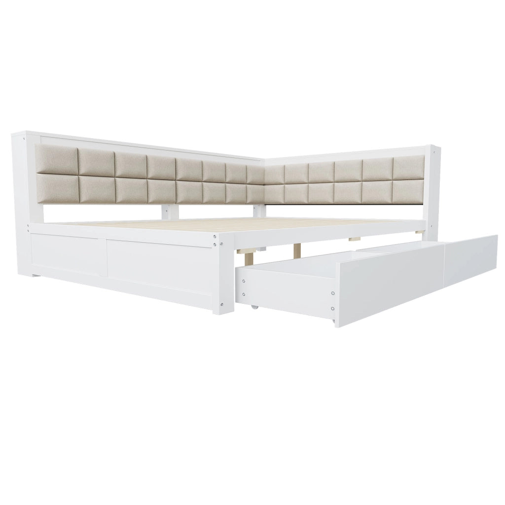 OKWISH Letto divano 140×200 cm, Letto Matrimoniale con 2 Cassetti, Schienale Imbottito e Mensole, senza Materasso, in Legno, Bianco