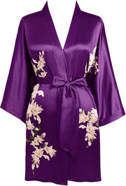 Kamis da donna con stampo floreale, accappatoio estivo, kimono, camicia da notte corta, pigiama leggero, abito da spiaggia in seta per donna (blu viola)