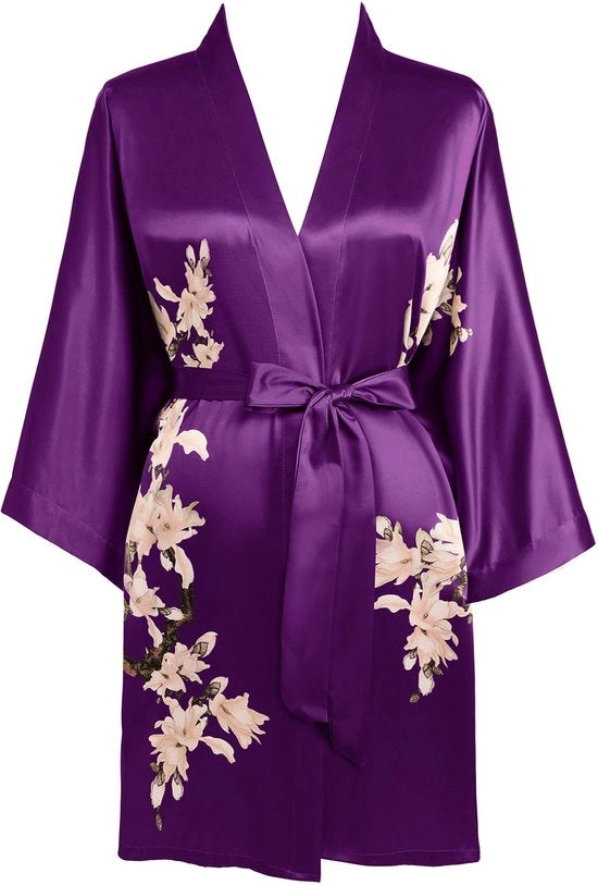Kamis da donna con stampo floreale, accappatoio estivo, kimono, camicia da notte corta, pigiama leggero, abito da spiaggia in seta per donna (blu viola)