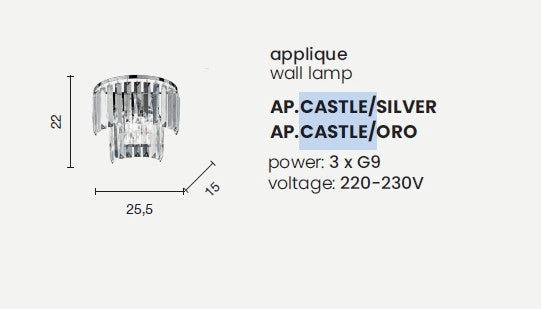 APPLIQUE CASTLE SILVER 3 LUCI ATTACCO G9 25,5X22CM IN CRISTALLO