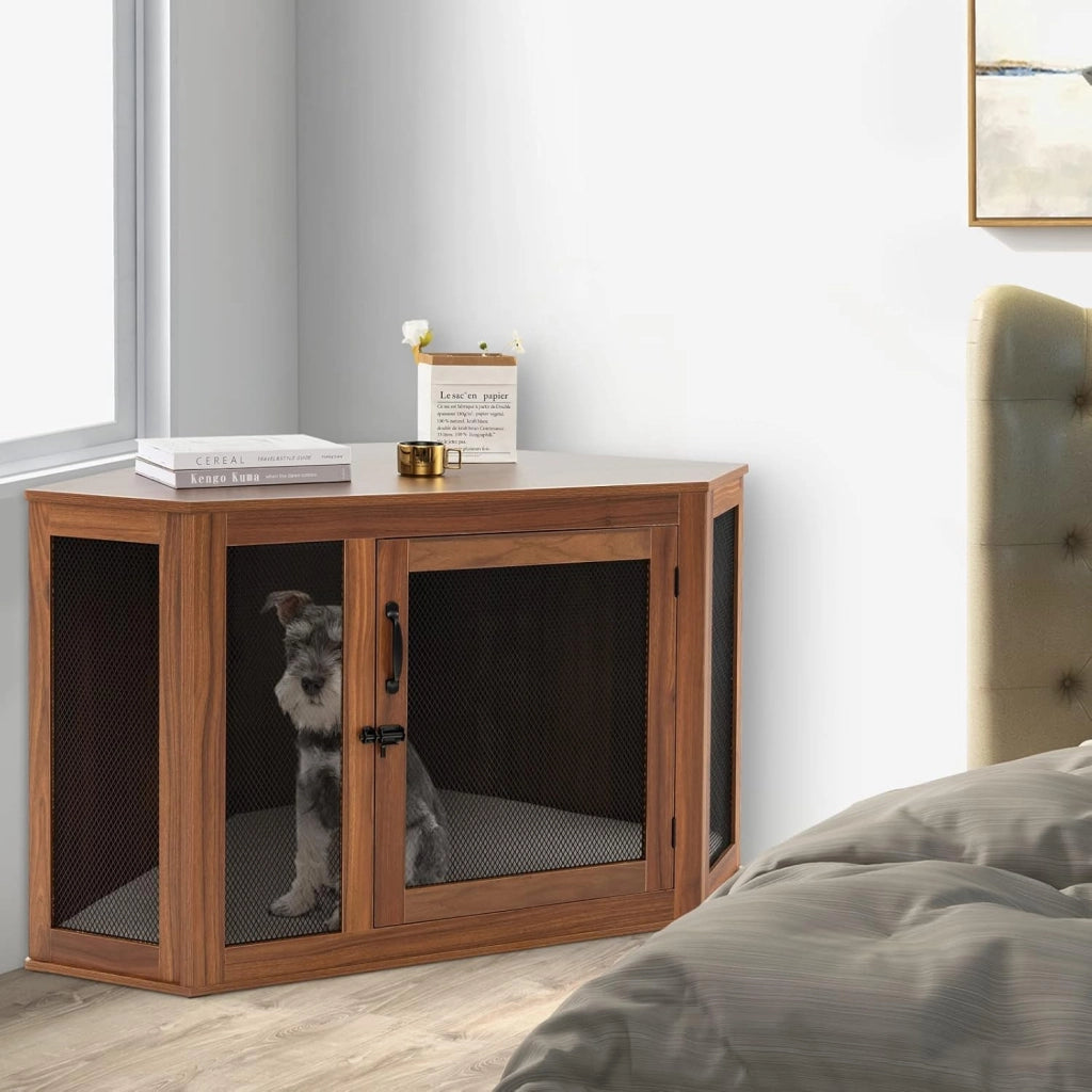Gabbia per Cani ad Angolo, Casetta per Cani Angolare con Porta a Rete e Cuscino, Maniglia e Chiavistello, Mobile Kennel per Cani da Interno per Stanze e Appartamenti Piccoli