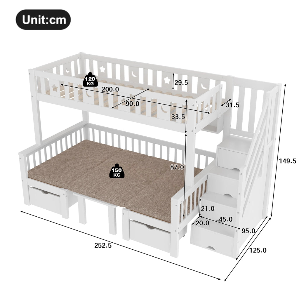 Letto a castello bianco in pino con funzione letto e scrivania 90x200 cm
