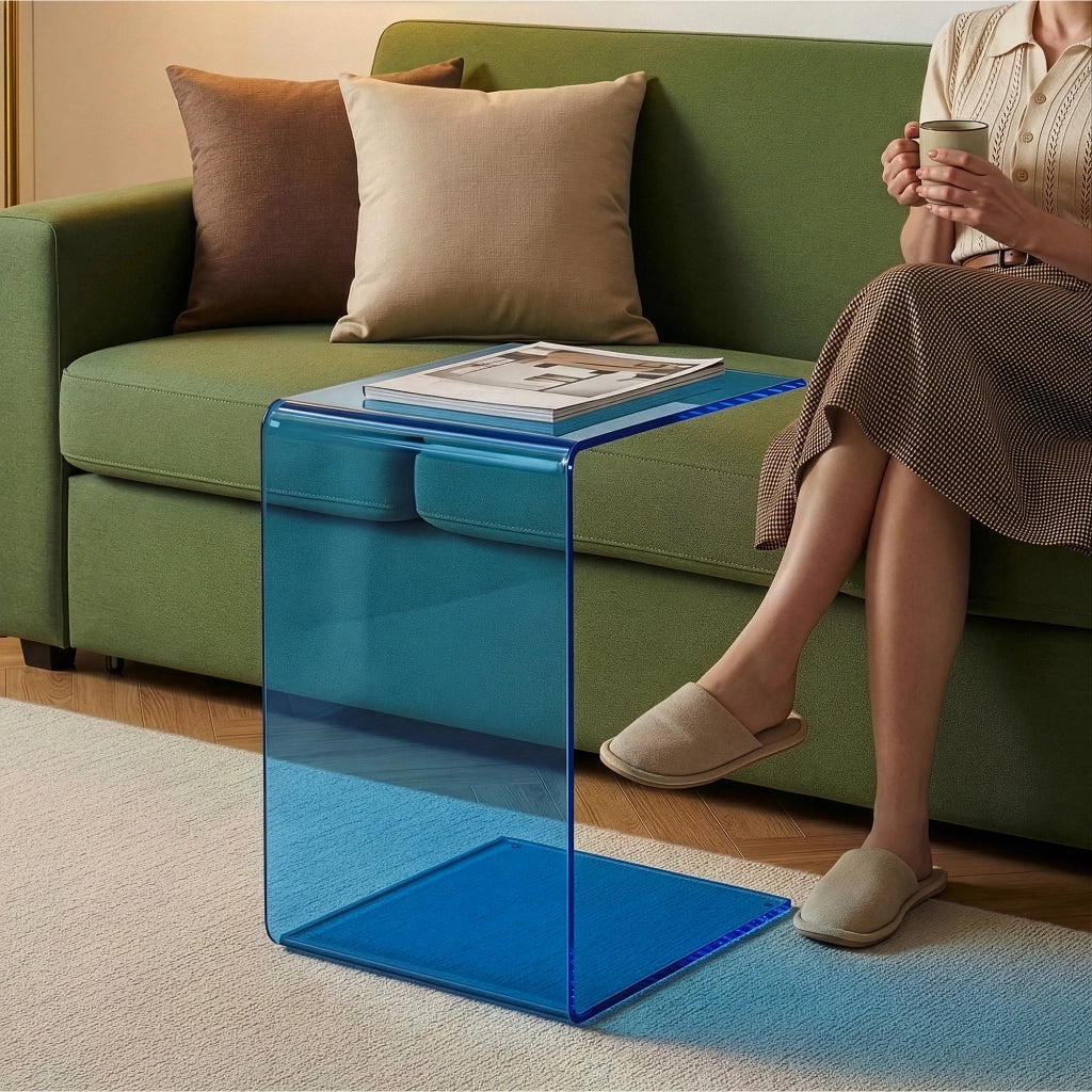 Tavolino Laterale Trölmapilu a Forma di C in Vetro 60 x 40 x 40 cm - Blu [en.casa]