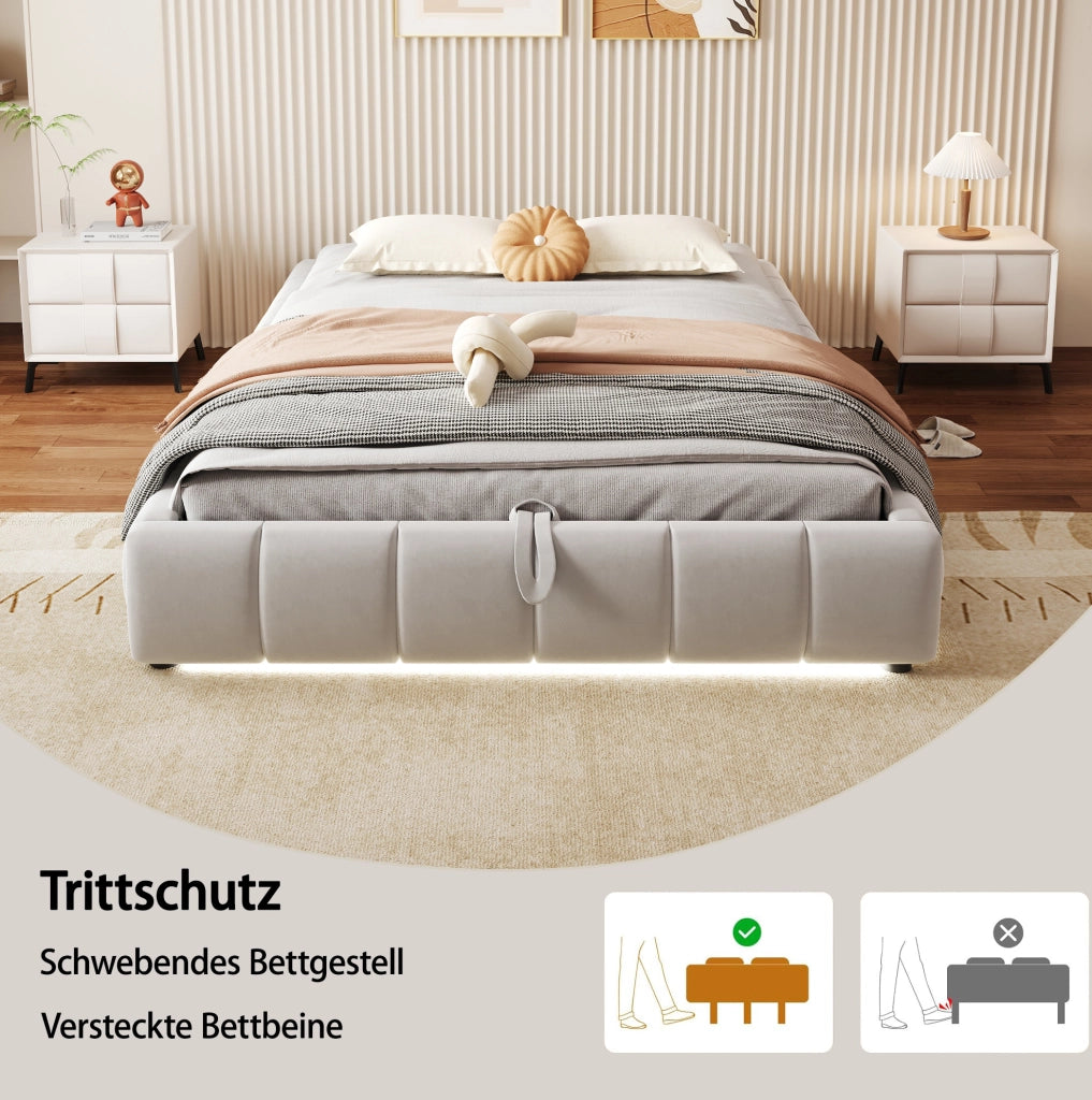 Letto imbottito 140x200 cm senza testiera con LED bianco; contenitore idraulico; beige