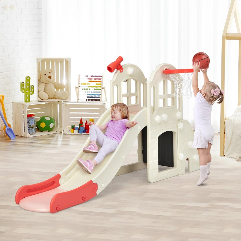 Scivolo grande per bambini 6 in 1 con canestro palla lancio dell'anello e cannocchiale, Set da gioco Rosa