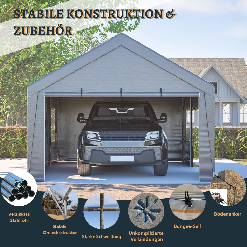 Garage Tenda Da Esterno Grigio 611 X 396 X 300 Cm In PE E Ferro Per Auto E Deposito Con Finestre E Ventilazione