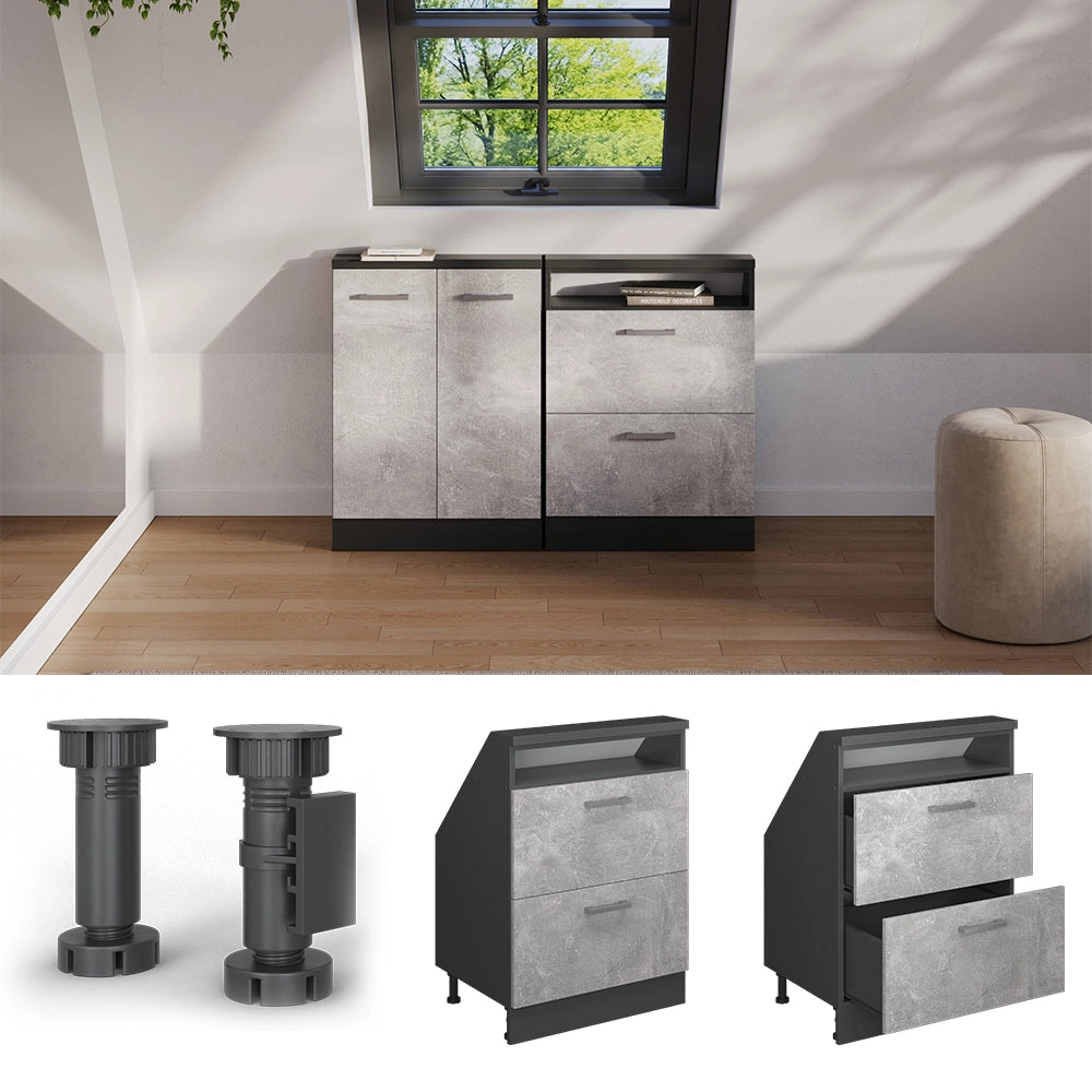 Mobile cucina sottotetto R-Line Calcestruzzo/Antracite 60 cm con 2 cassetti Vicco