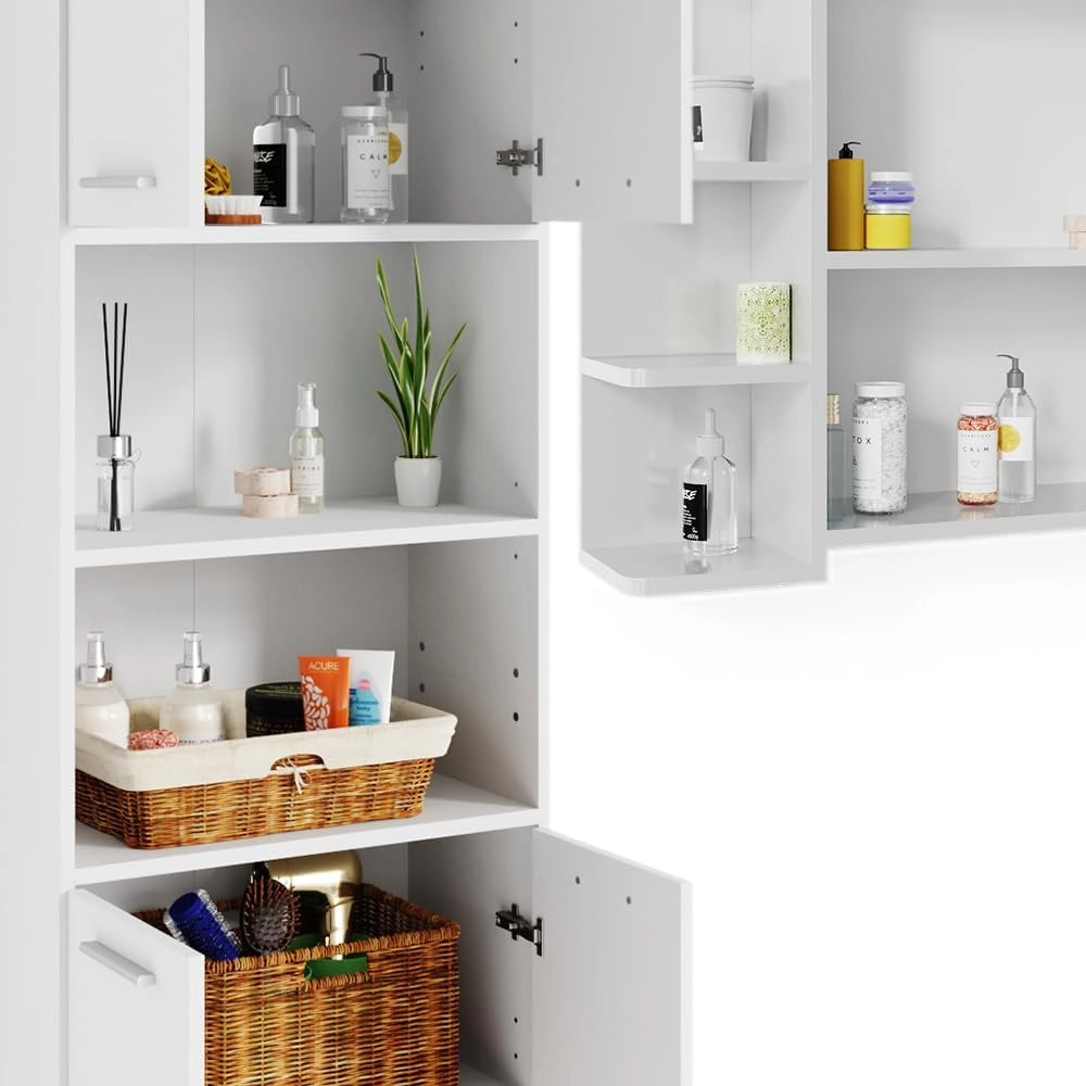 Set di mobili da bagno Maris, Bianco, 2 pezzi, con colonna e mobile a specchio per bagno, composto da armadio alto e armadietto a specchio