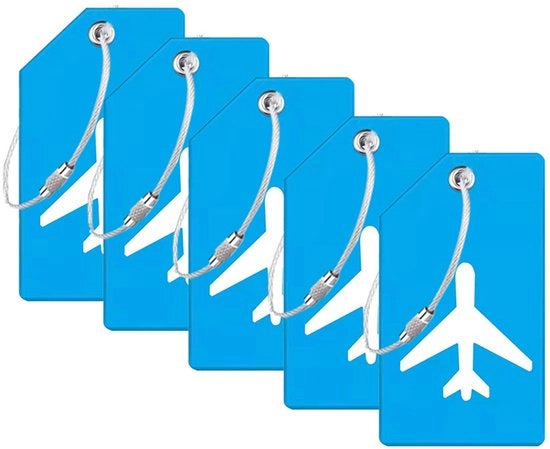 Set di 5 etichette di bagaglio in silicone con tessera di identificazione, etichette di bagaglio per valigie con cavi in acciaio inossidabile, etichette per borse, colore celeste notte