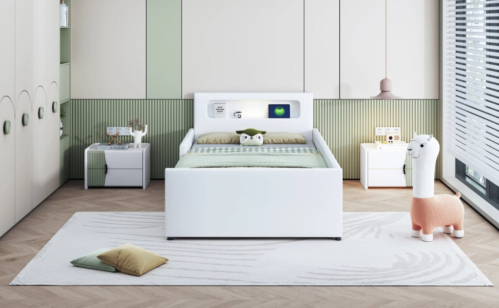 DESMIU Letto per bambini singolo con USB, luce notturna e cassetto 90 × 200 cm, senza materasso, bianco