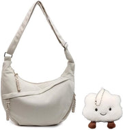 Borsa a Tracolla in Corduroy Grande - Tasca a Spalla per Donna - Bianco Riso - Spaziosa