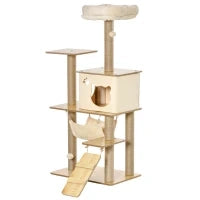 Albero Tiragraffi Multilivello con Casetta, Amaca, Scaletta e Corde in Juta, Rivestimento Peluche, 60x40x130cm, Giallo
