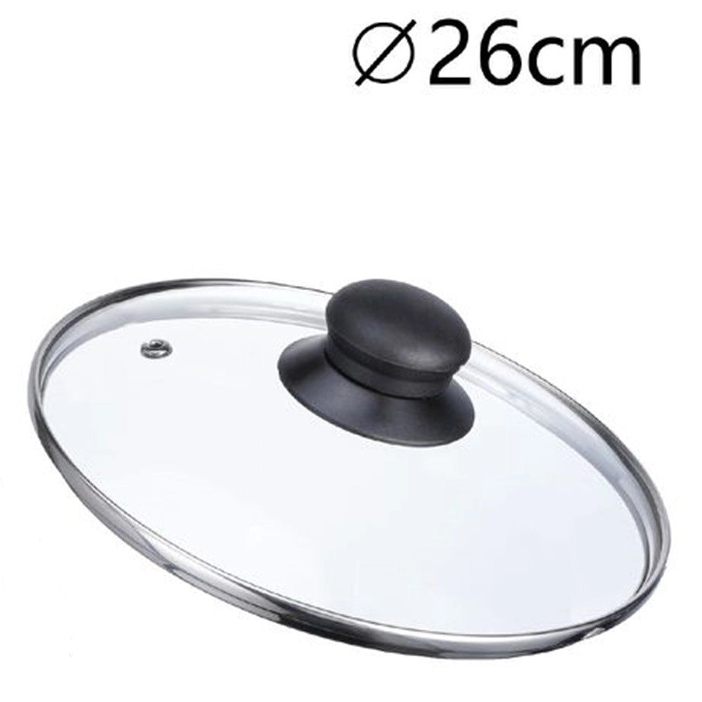 Trade Shop - Coperchio In Vetro Ricambio Per Pentola Padella ø16-18-20-22-24-26-30-32cm Pomello Nero -    -diametro 26cm   -