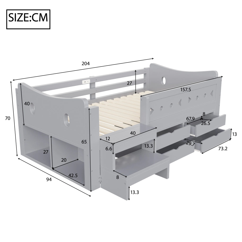 Letto singolo per bambini 90x200 cm con cassetti; testiera portaoggetti; sponda; LED; USB e USB-C; legno grigio