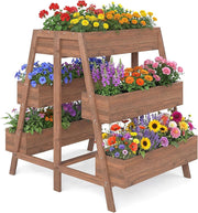 Orto Rialzato a 3 Livelli, Fioriere Rialzate in Legno Massello con Base Doghe e Tessuto, Aiuola Verticale per Piante da Interno ed Esterno per Giardino, Patio e Balcone, 126 x 90 x 115 cm