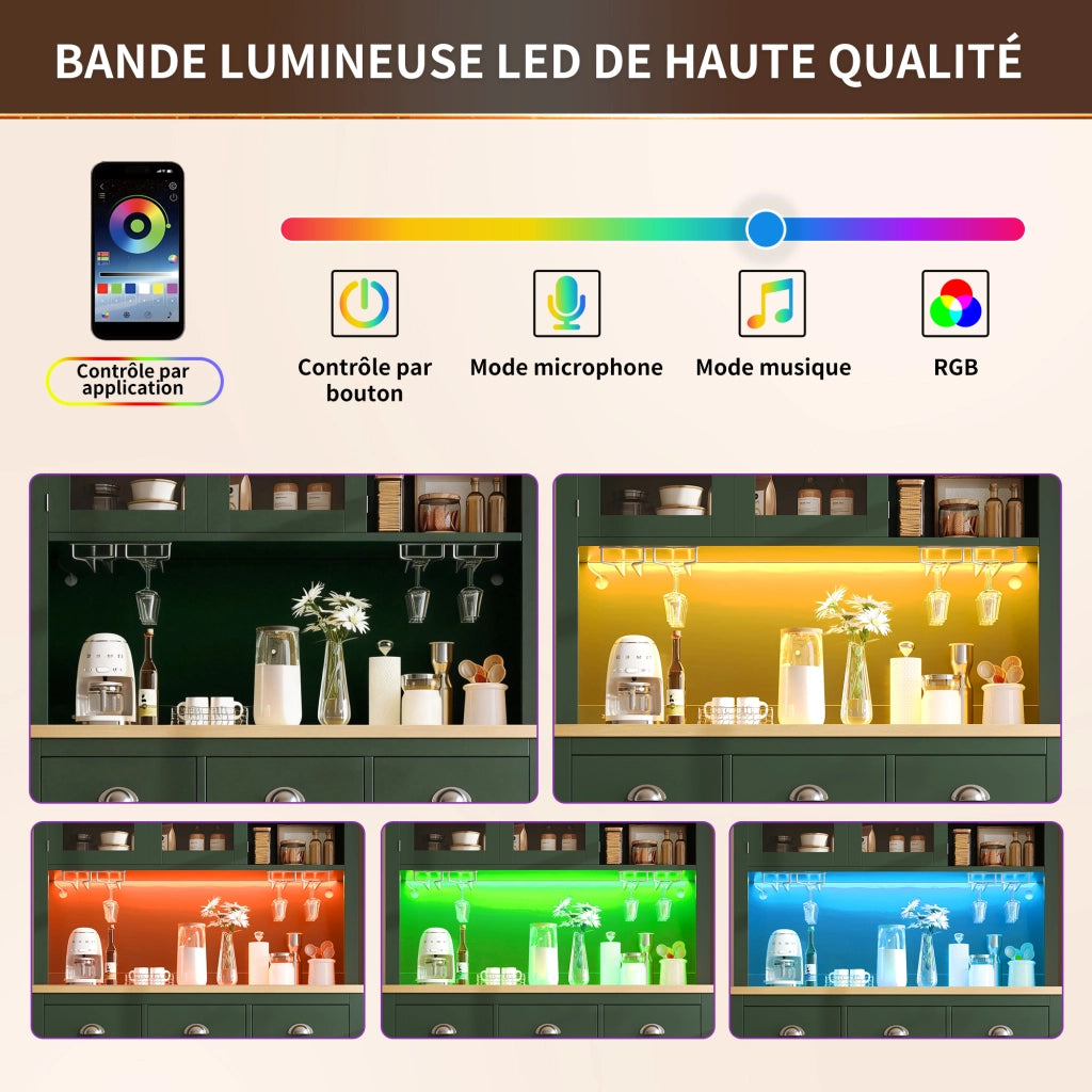 Credenza e madia con LED, vani interni e ripiani nelle ante, per cucina e soggiorno, in MDF, verde, 104 × 40 × 180 cm