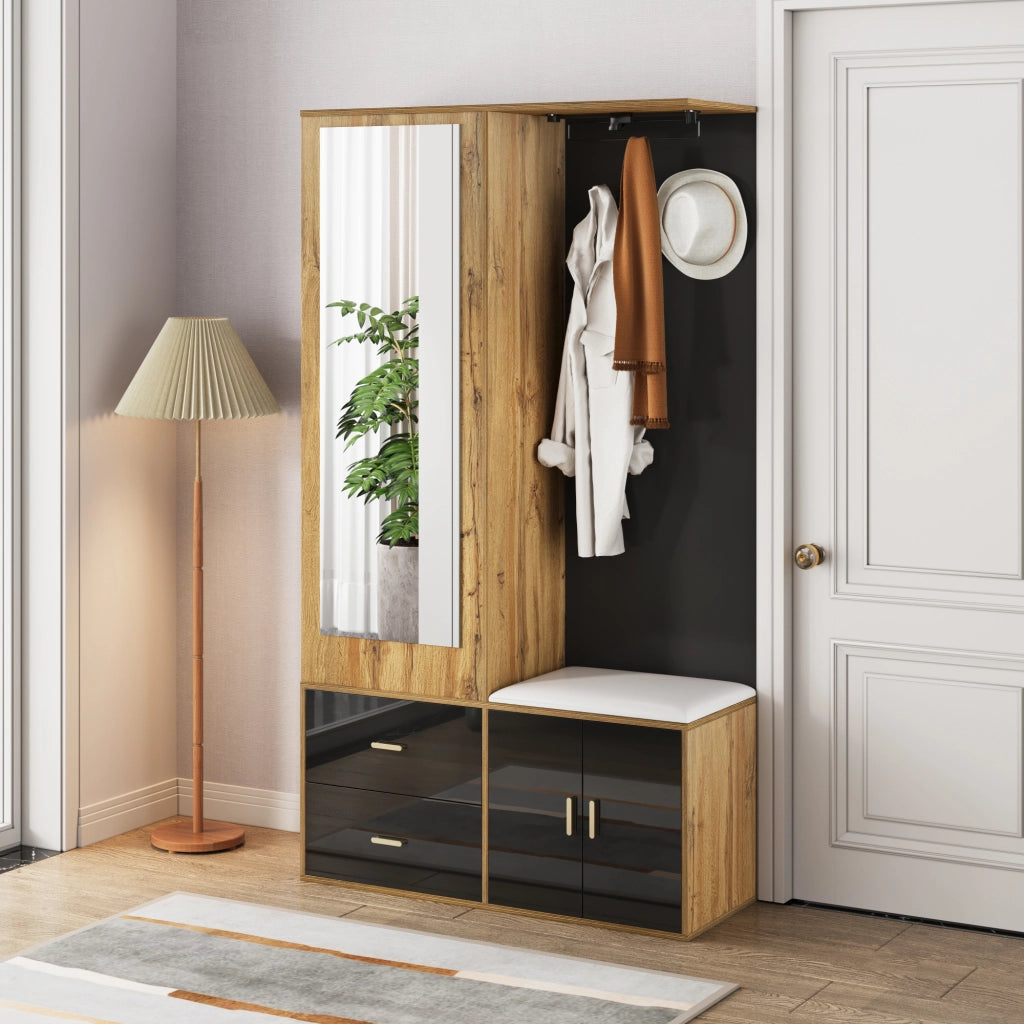 Mobile Ingresso con Specchio; Panca Scarpiera; 2 Ganci; Appendiabiti Estraibile; Lucido; Nero e Naturale; 100??38??180 cm