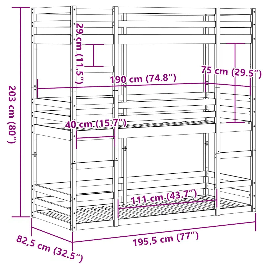 vidaXL Letto a Castello Triplo Bianco 75x190 cm Legno Massello di Pino