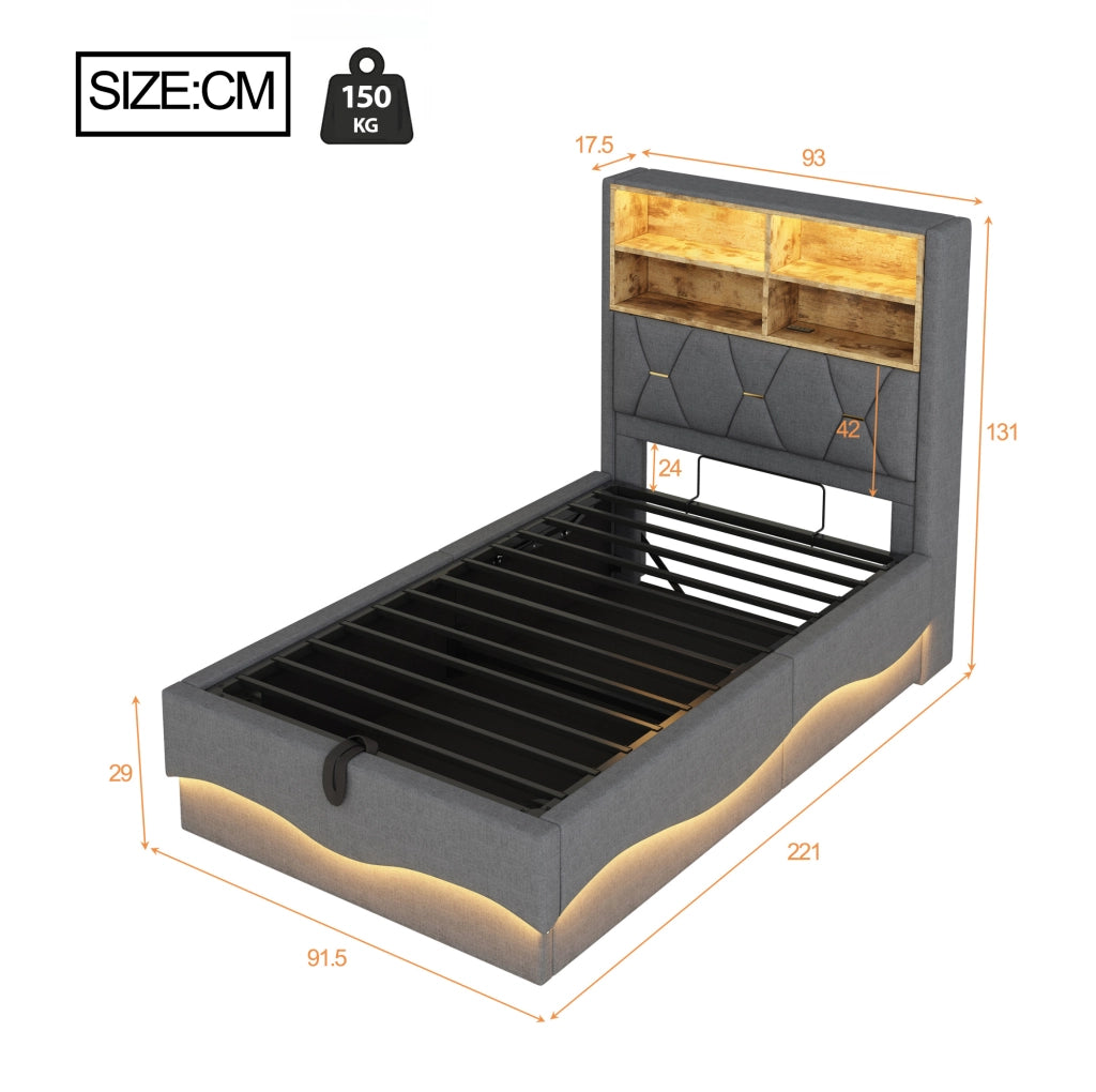 Letto multifunzione 90x200 cm con LED, USB e contenitore idraulico