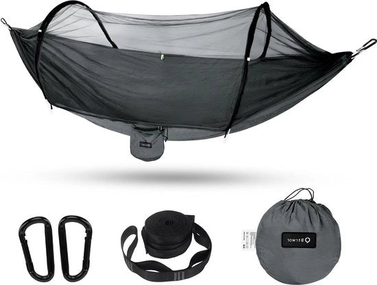 Hangmat con rete antisettori - Sacco da lettura in nylon per esterno - 300 kg di carico - 260 x 140 cm - Grigio scuro