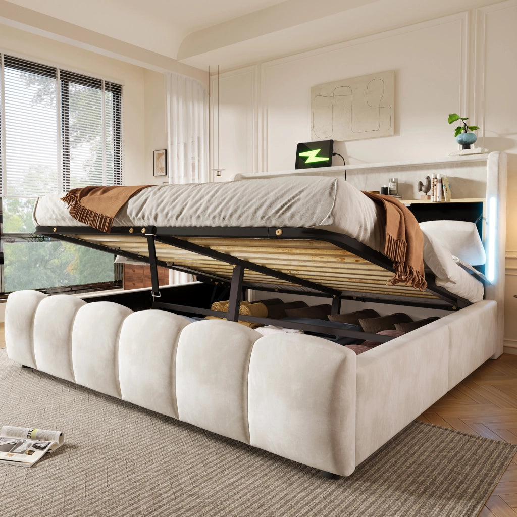 Letto contenitore 180 × 200 cm con LED, vano testiera, USB e Type-C, senza materasso, in velluto beige